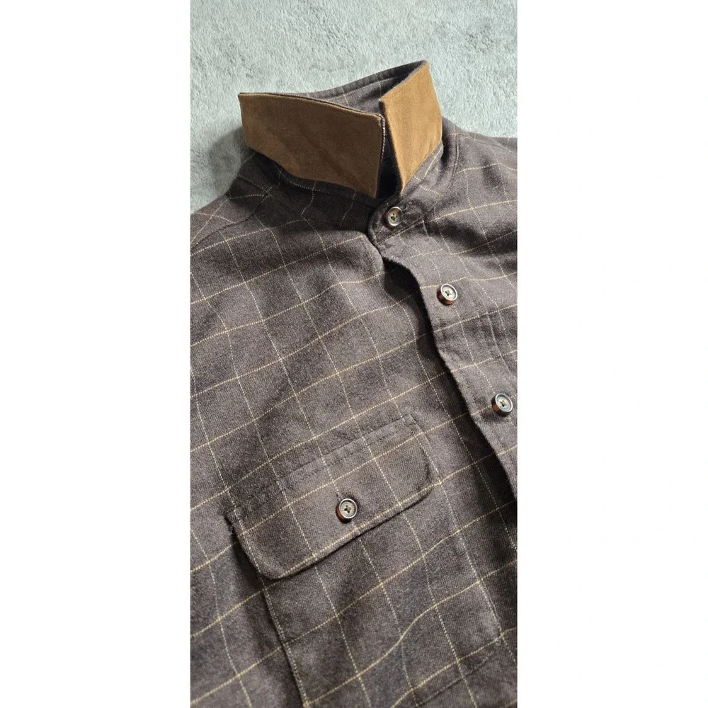Brooks Brothers Worsted Wool Shirt Mens Large Brown Check L/S Elbow Patches